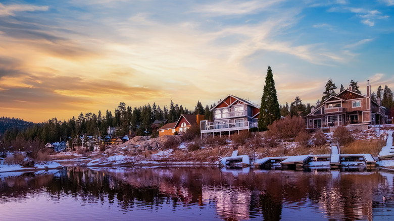 Riverside view of cabins and homes near Big Bear Lake