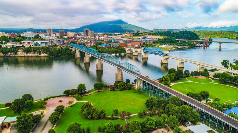 Aerial view of Chattanooga skyline with view of Market Street Bridge