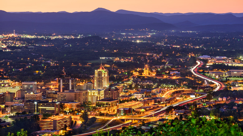 Evening aerial view from distance of Roanoke skyline