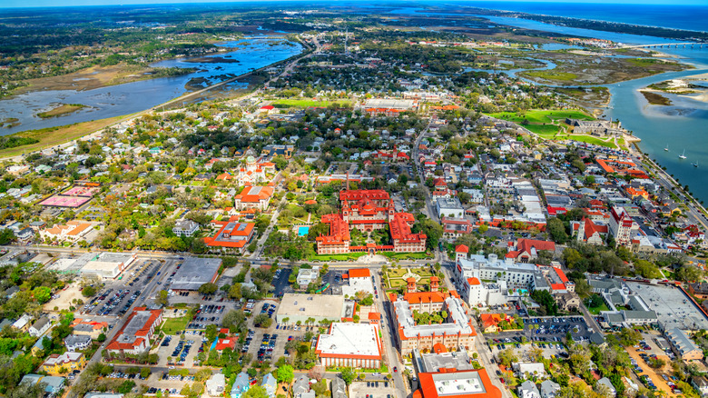 Aerial shot of St. Augustine, Florida, capturing city and nearby coastlines