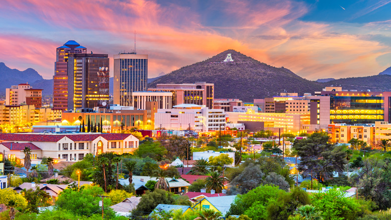 Downtown Tuscon city skyline at sunset