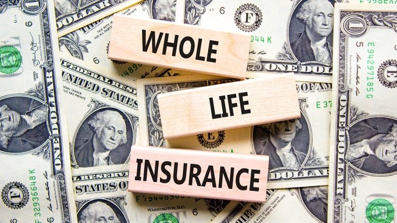 whole life insurance on blocks above dollar bills