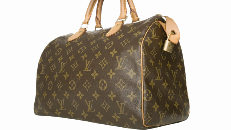 Close up of classic Speedy bag featuring Louis Vuitton patterns