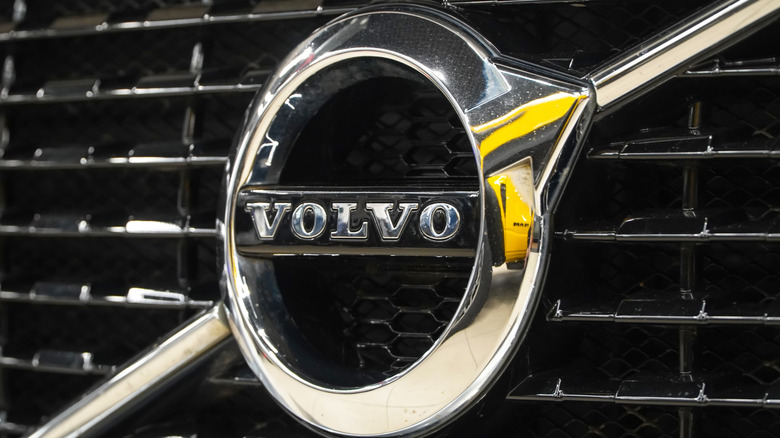 The Volvo badge logo emblem on a radiator grill.
