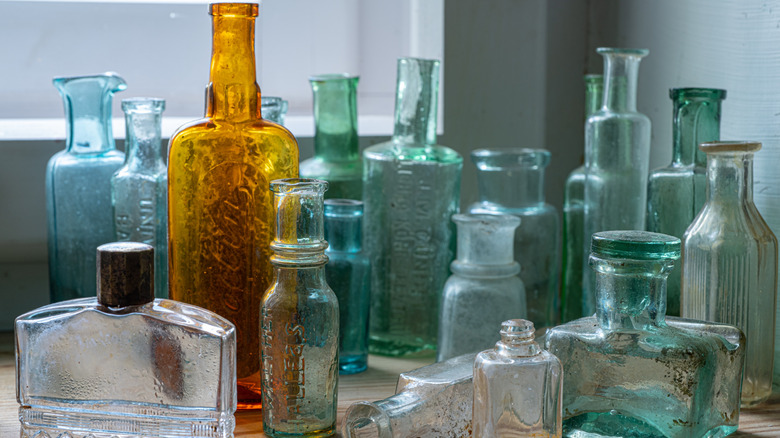 Different types of antique flasks.