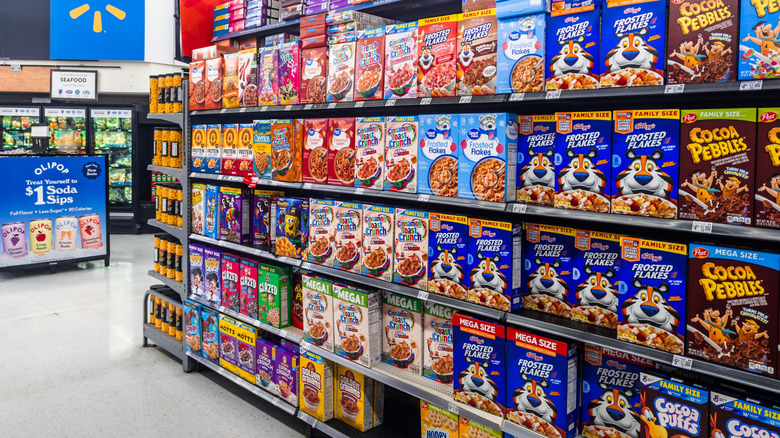 A cereal aisle in a Walmart store