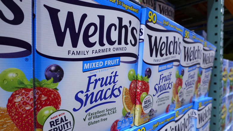 Row of Welch's fruit snacks on a store shelf