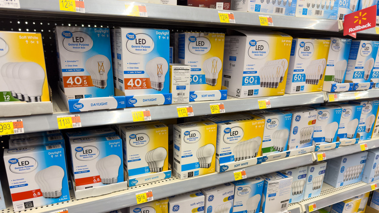 LED light bulbs for sale on a store shelf