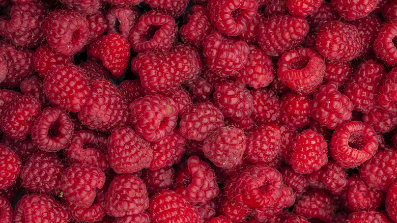 A pile of raspberries, photographed from above