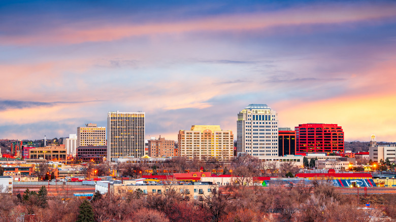Aerial view of Denver, Colorado skyline at sunset.