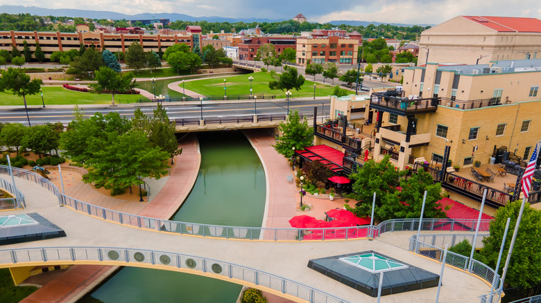 An overhead shot of the Pueblo Colorado Riverwalk.
