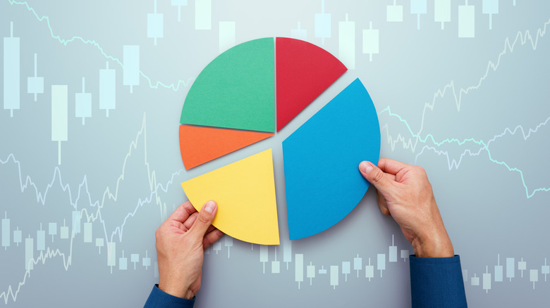 investor portfolio pie chart with stock charts on background