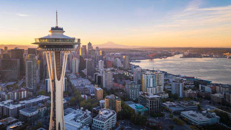 Shot of Seattle skyline with close up view of the Seattle Space Needle