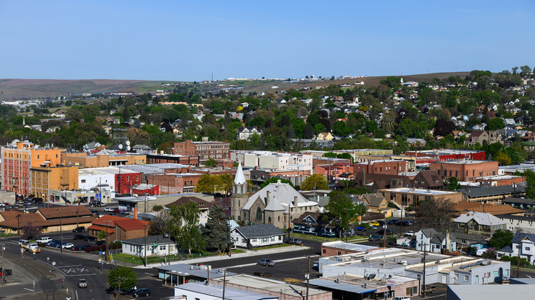 Aerial shot of the city of Pendleton, Oregon's downtown area