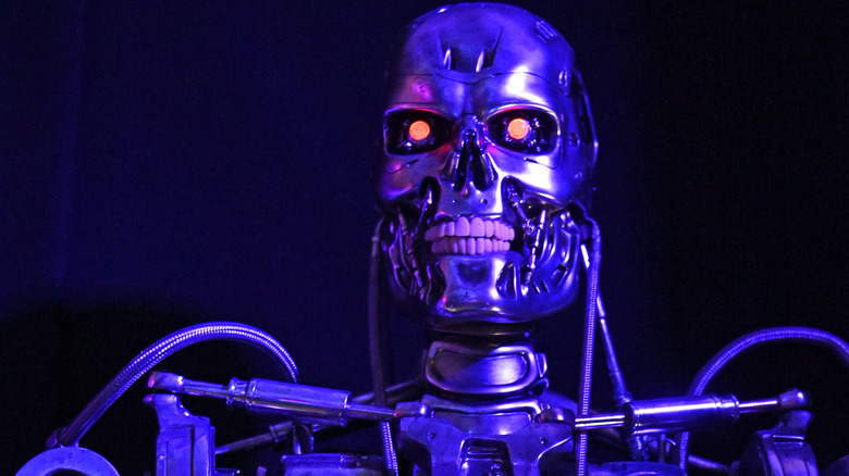 Shot of metal exoskeleton with reddish eyes