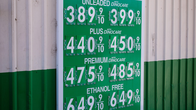 Close up of price board with gasoline prices at a Sinclair gas station in Klamath Falls, Oregon.