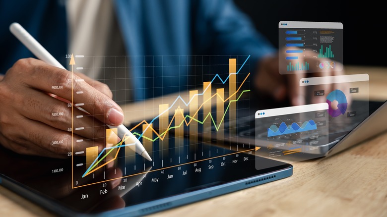 Financial chart and investment graph analysis stock on tablet screen.