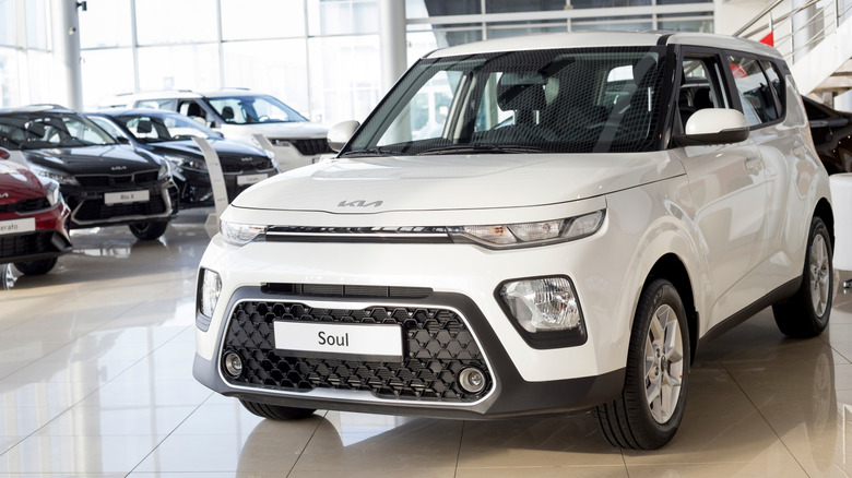 Kia Soul on display at a Kia dealership.