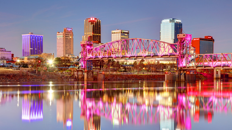 A reflection view of Little Rock's skyline on the river.