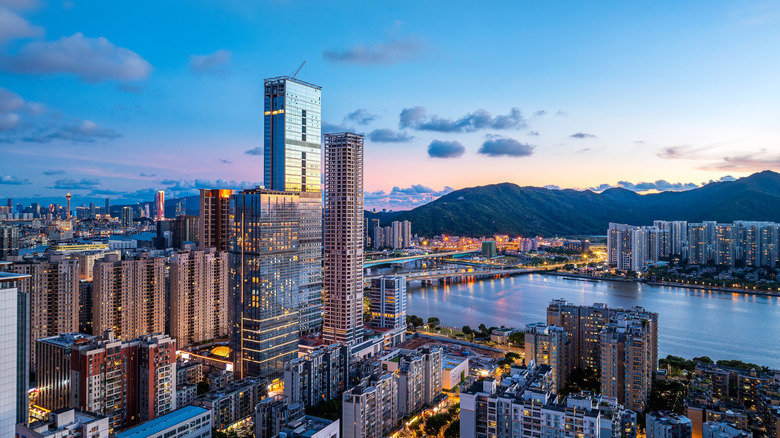 Aerial mountain and river view of Macau city skyline