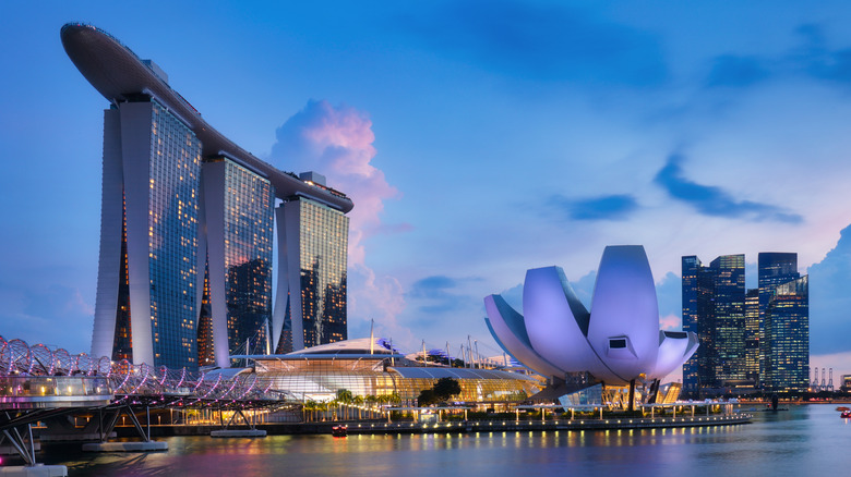 Night time view of Singapore business district skyline
