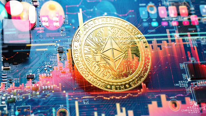 an Ethereum coin over data graphic