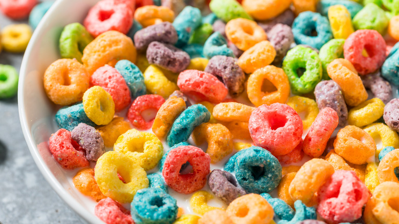 Close up of a bowl of off-brand version of rainbow colored cereal