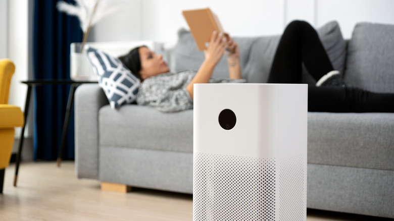 A ionic air purifier sitting on the floor of a living room with woman laying on couch in background