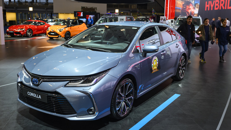 The Toyota Corolla compact hatchback sedan on display at Brussels Expo.