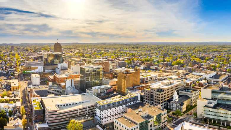 Aerial panorama of Allentown, Pennsylvania skyline on late sunny afternoon.