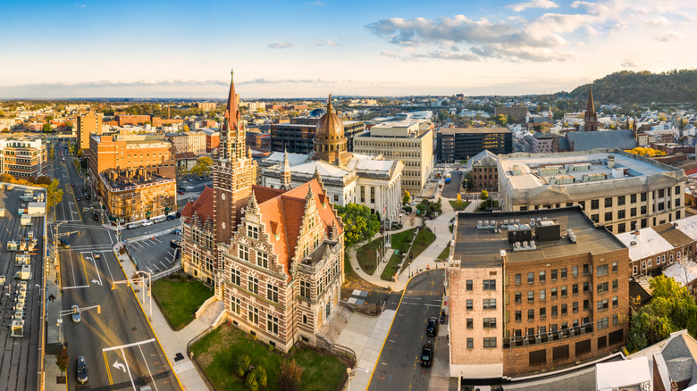 Aerial cityscape of Paterson, NJ and its old courthouse.