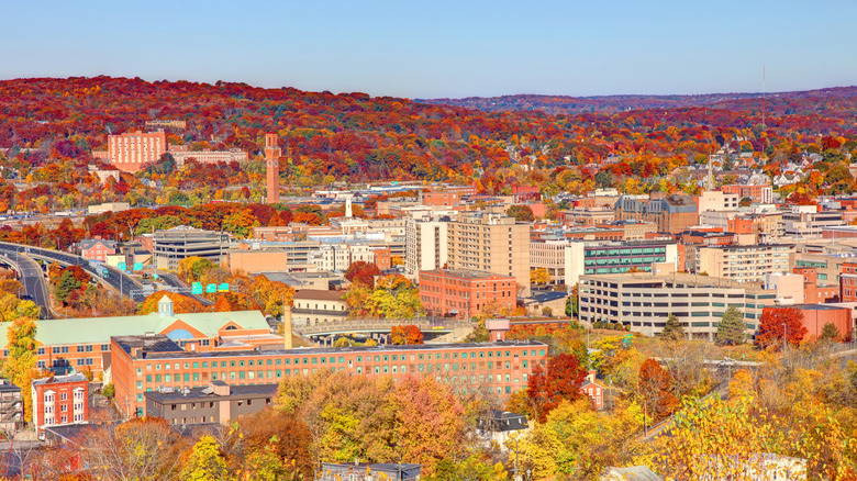 Aerial view of Waterbury, Connecticut in the fall.
