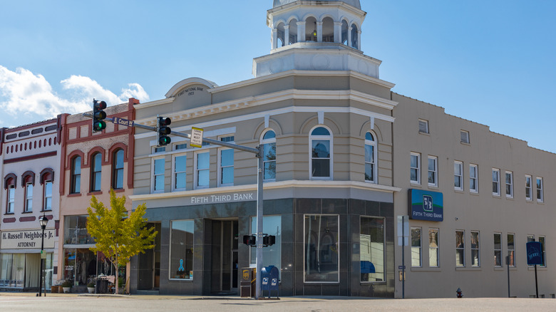 Historic downtown buildings at the corner of a street in Marion, North Carolina