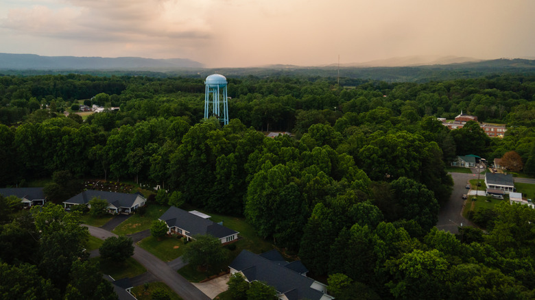 Aerial shot of Mount Airy, North Carolina, at dusk