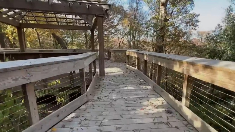 A wooden bridge with a gazebo surrounded by trees