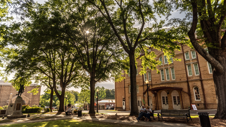 People in historic area of Newberry sit under trees