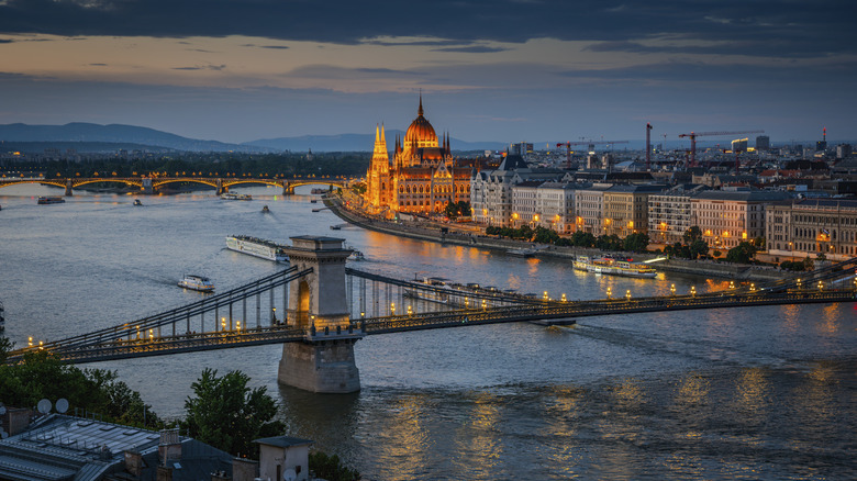 Twilight aerial view of Budapest skyline
