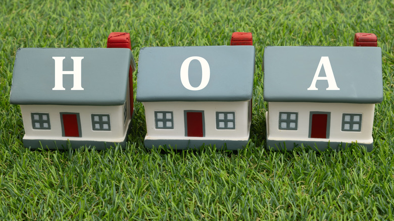 HOA home owners association with three houses on artificial green grass.