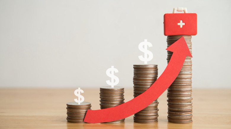 Growth stack coins chart and red doctor medical box on top with white wall background.