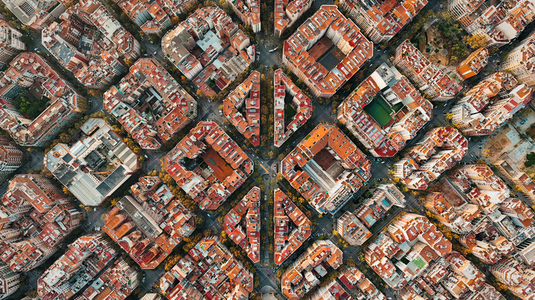 Top down view of Barcelona city blocks in Spain.
