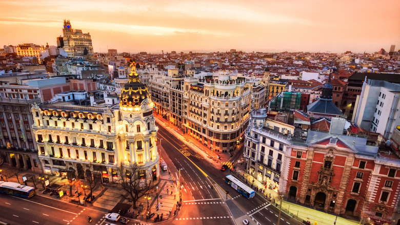 Aerial view of Gran Via in Madrid at dusk.