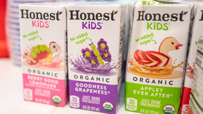 Row of Honest Kids fruit juice cartons