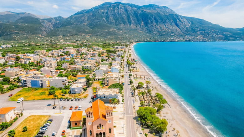 A sunny aerial view of a beach in Kalamata, Greece