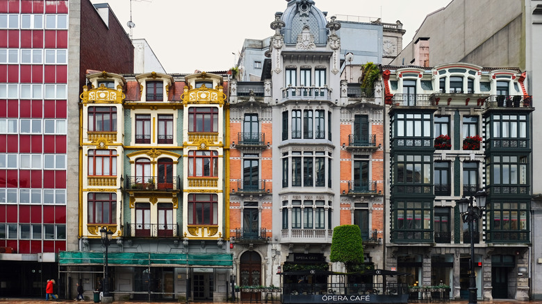 A street view of buildings in Oviedo city center in Spain.