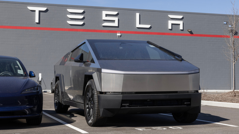 A Tesla Cybertruck display at a dealership.
