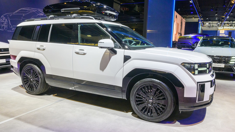 A white 2026 Hyundai Santa Fe on display.