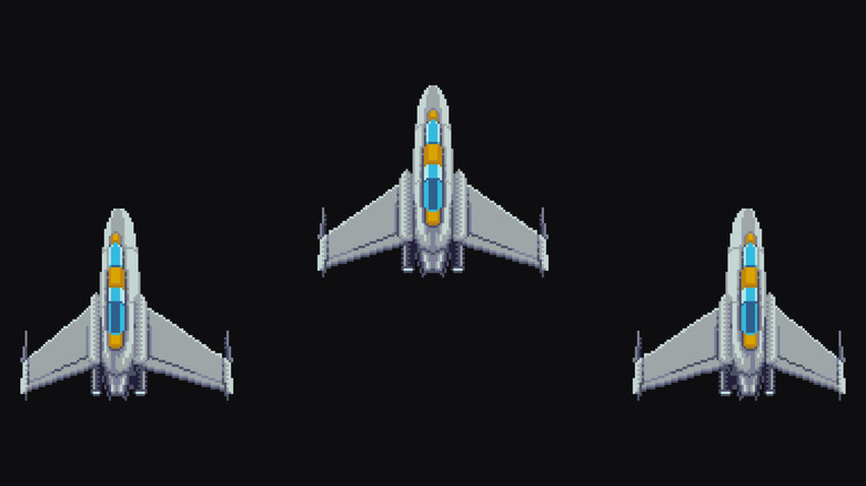 Pixel art vector set of spaceship tilt poses.