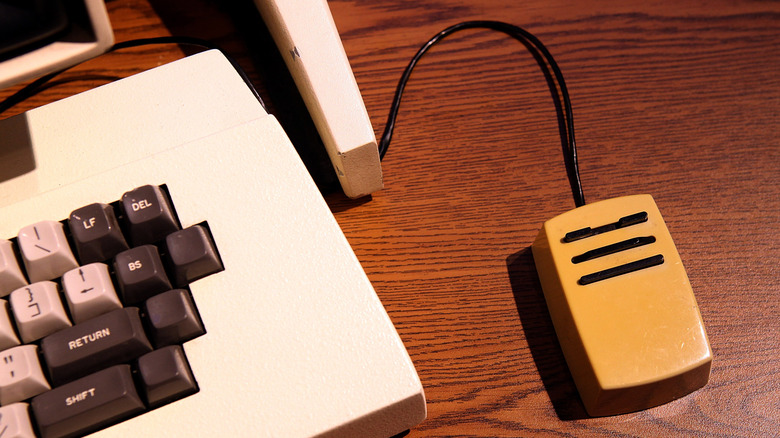 A vintage mouse is seen in a display featuring the Xerox Alto personal computer at the Computer History Museum.
