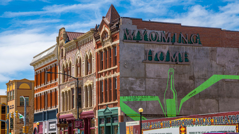 colorful buildings and street scene with blue sky