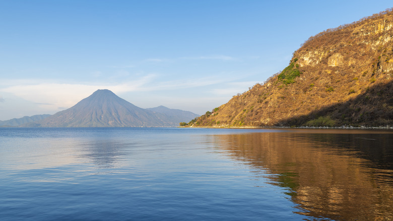 Atitlán Lake and San Pedro Volcano at sunrise in Guatemala.